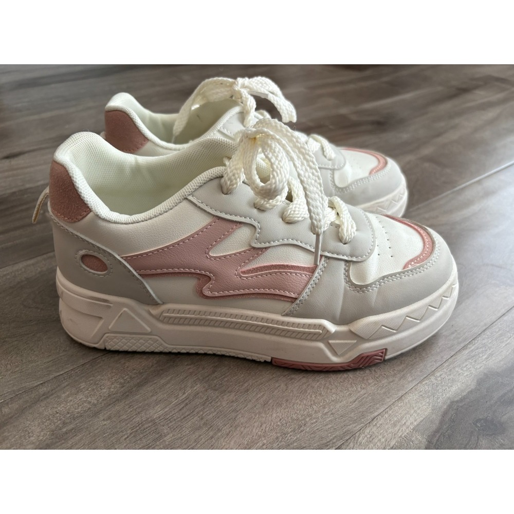 Womens White Pink Lace-Up Low Top Casual‎ Sneaker Shoes Size 7.5/8